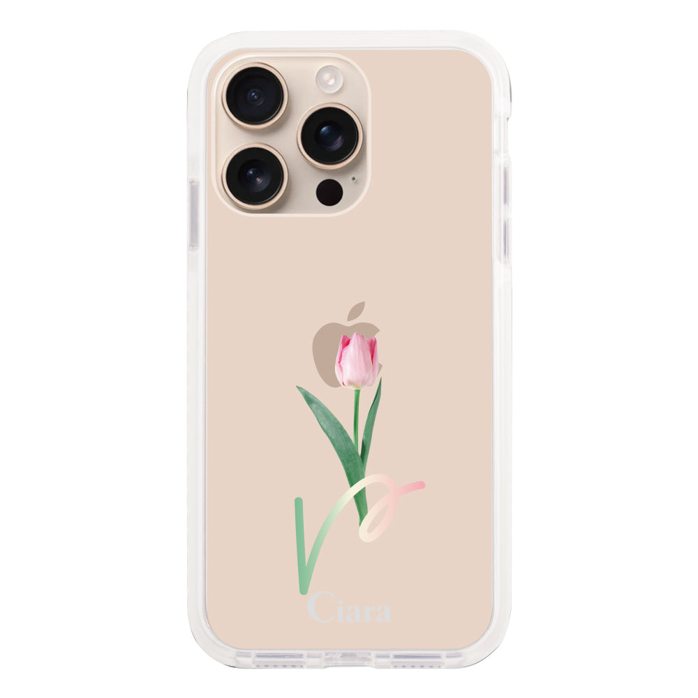 iPhone16Proケース クッションバンパー 耐衝撃クリアケース チューリップ ピンク