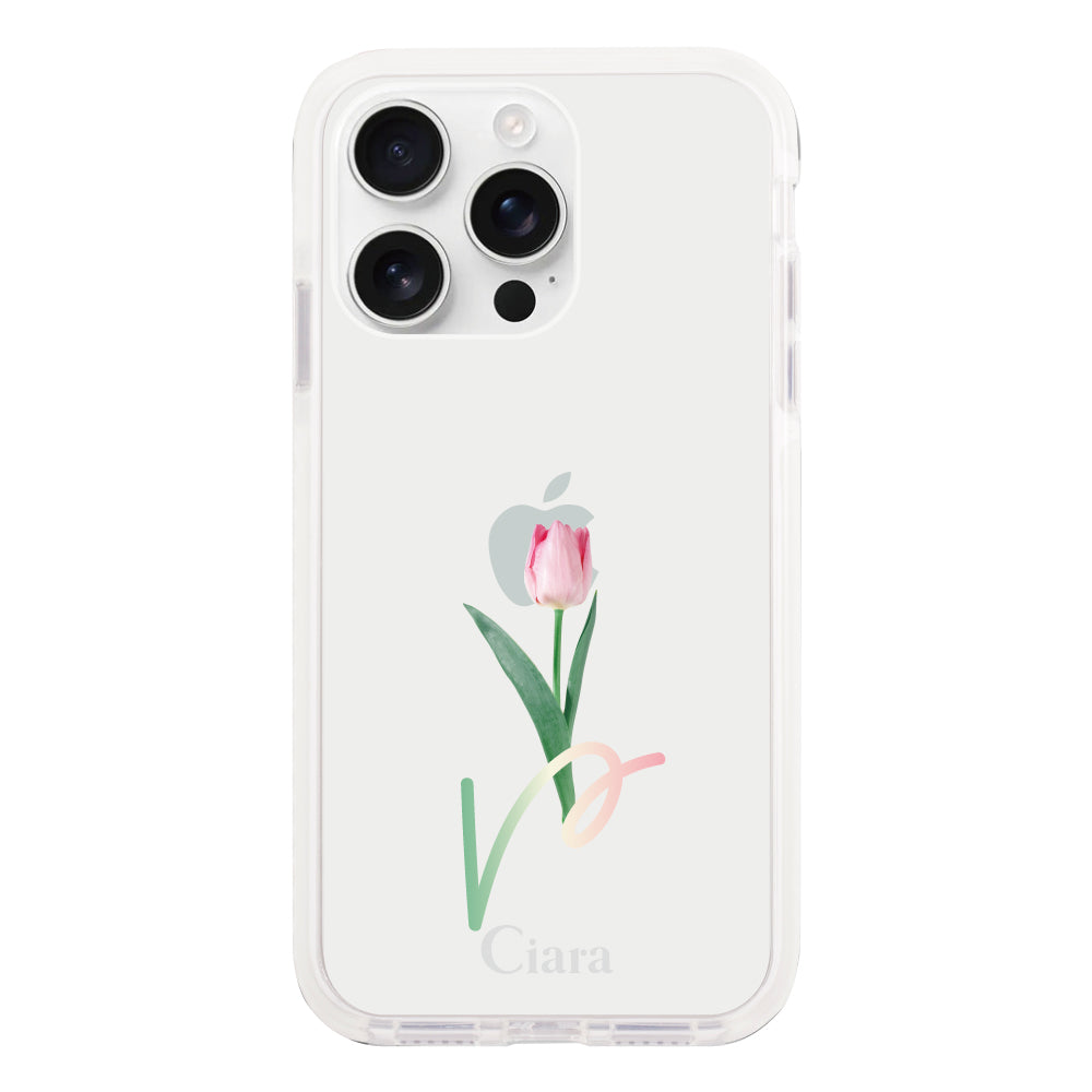 iPhone16ProMaxケース クッションバンパー 耐衝撃クリアケース チューリップ ピンク
