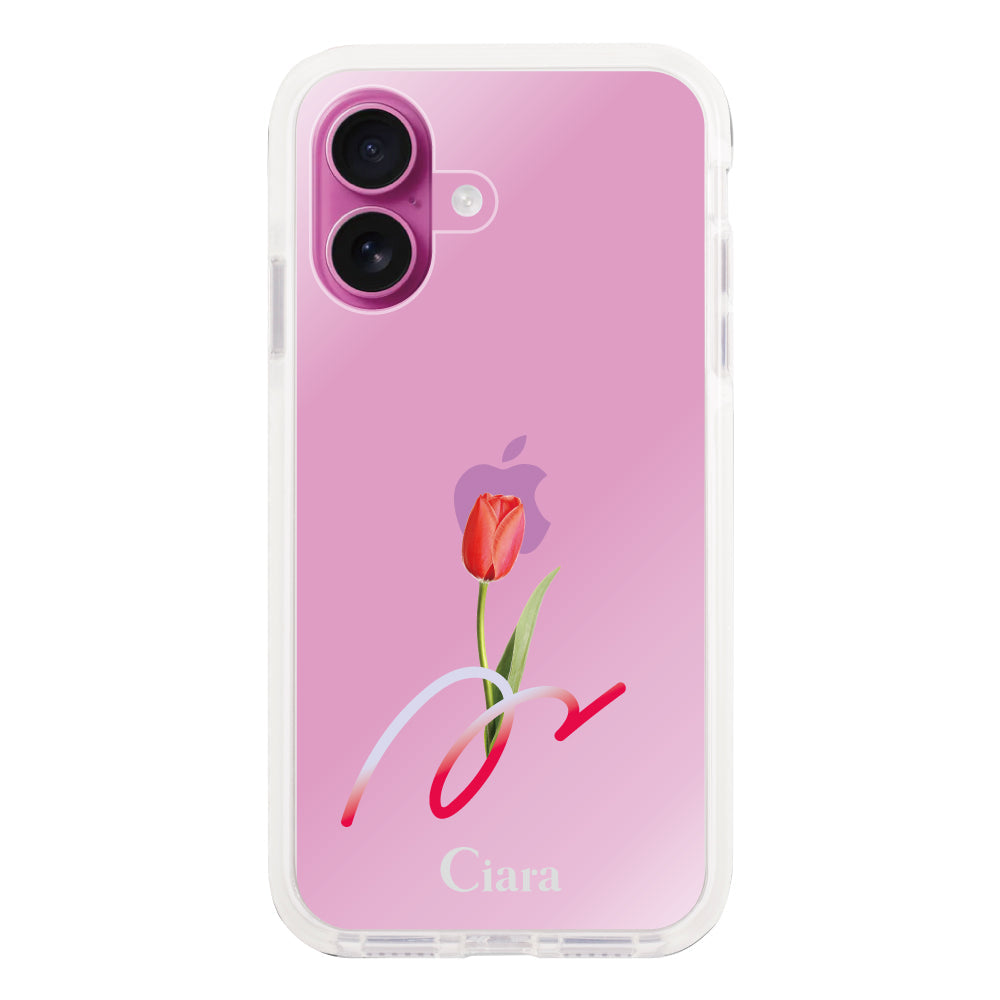 iPhone16Plusケース クッションバンパー 耐衝撃クリアケース チューリップ レッド