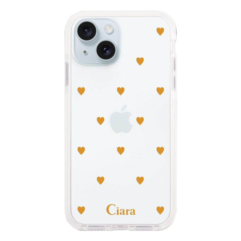 iPhone15Plus クッションバンパー 耐衝撃クリアケース カラーハート オレンジ