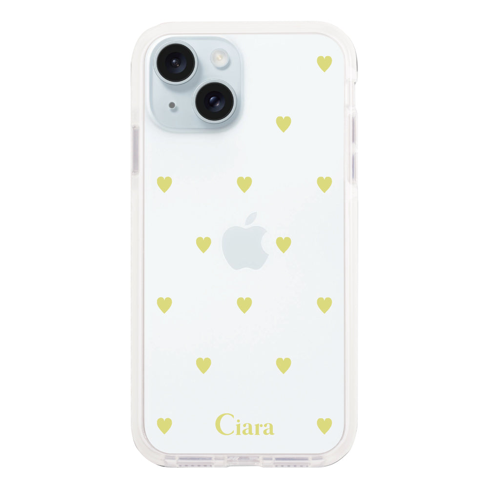 iPhone15Plus クッションバンパー 耐衝撃クリアケース カラーハート イエロー