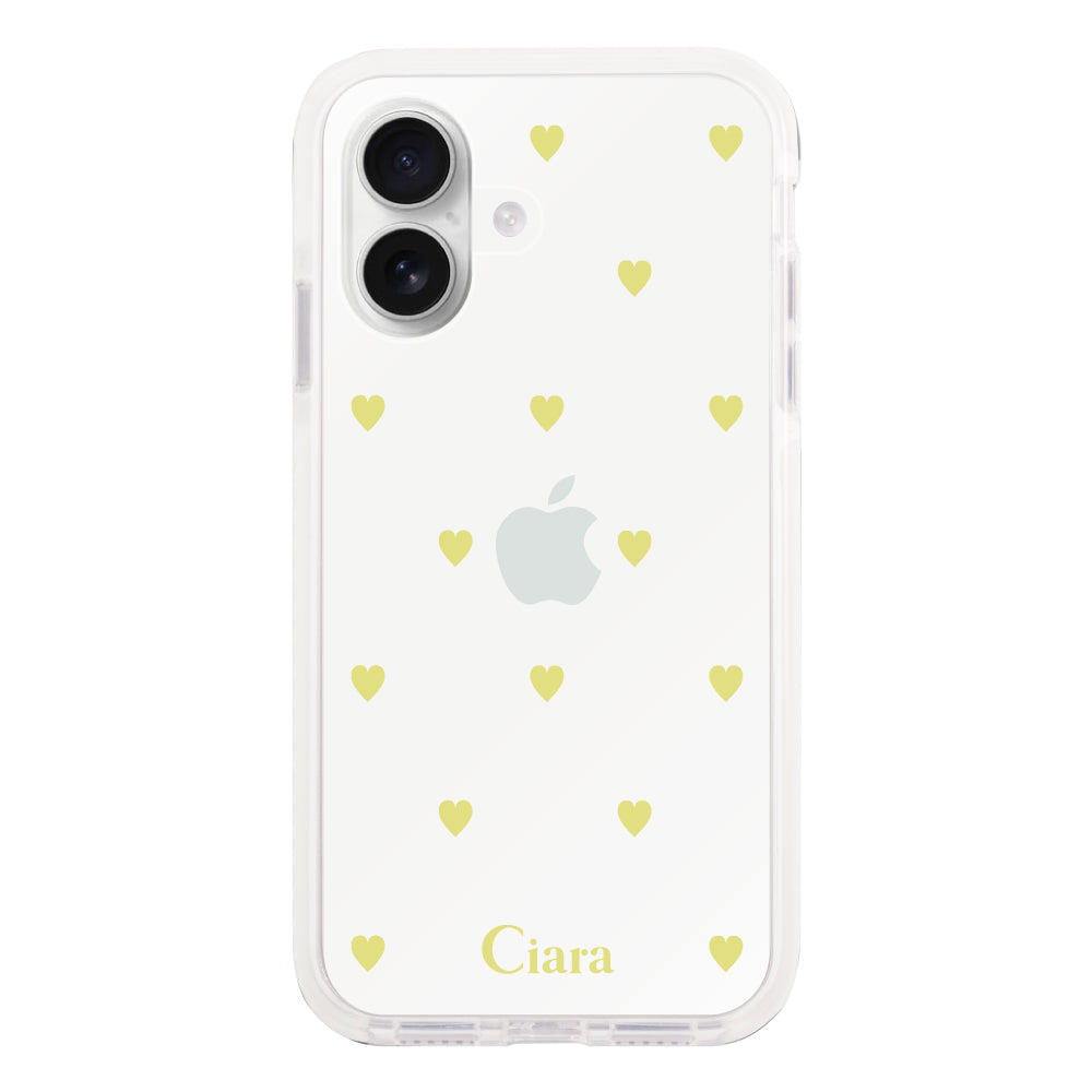 iPhone16 クッションバンパー 耐衝撃クリアケース カラーハート イエロー