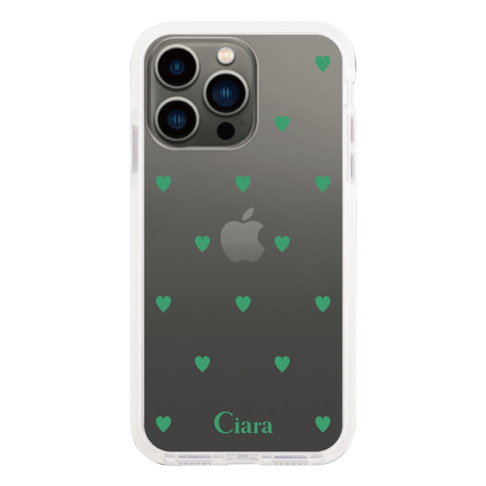 iPhone13Pro クッションバンパー 耐衝撃クリアケース カラーハート グリーン