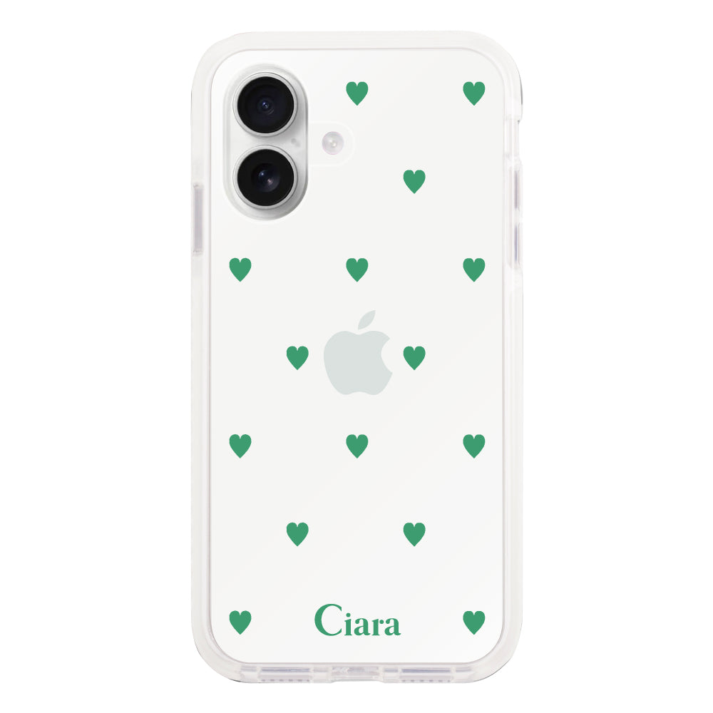 iPhone16 クッションバンパー 耐衝撃クリアケース カラーハート グリーン