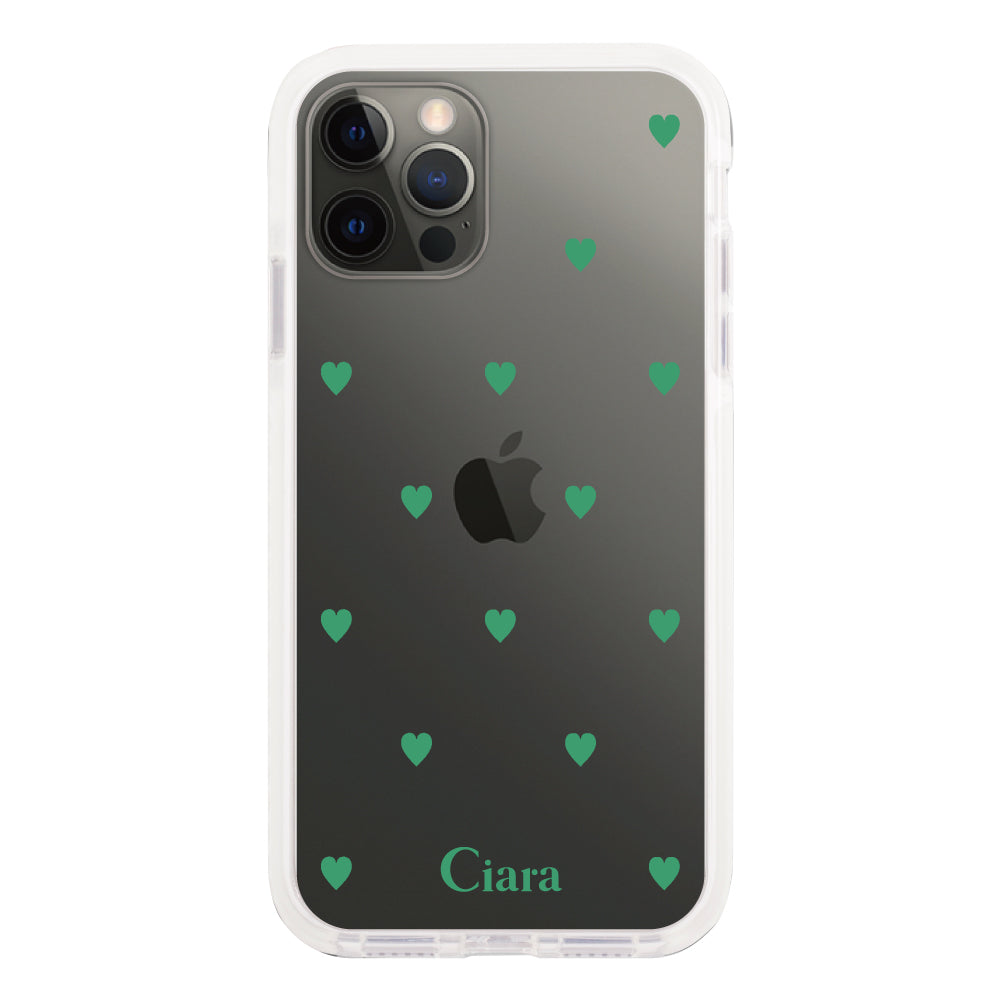 iPhoneX/XS クッションバンパー 耐衝撃クリアケース カラーハート グリーン