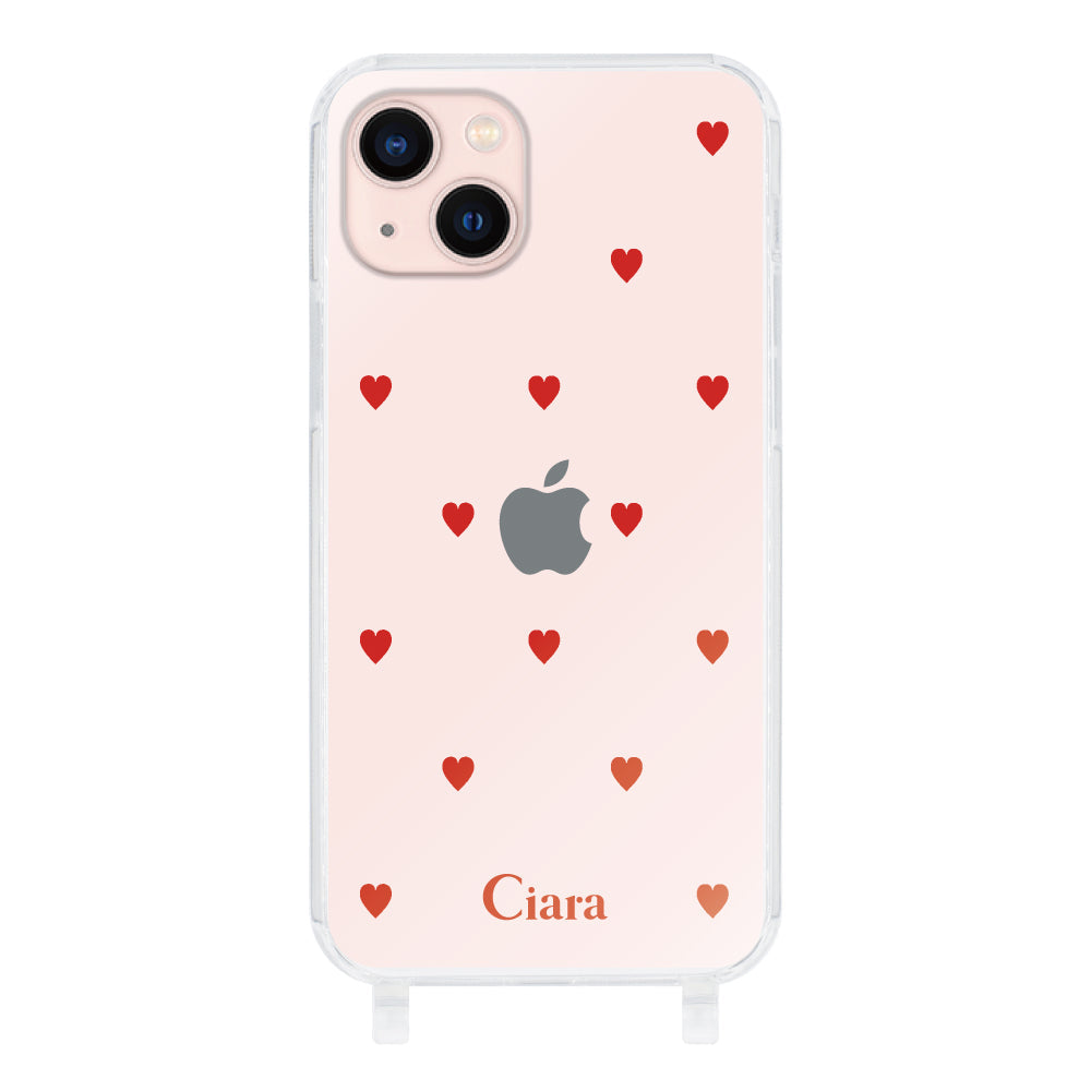 iPhone13ケース ストラップクリアケース カラーハート レッド