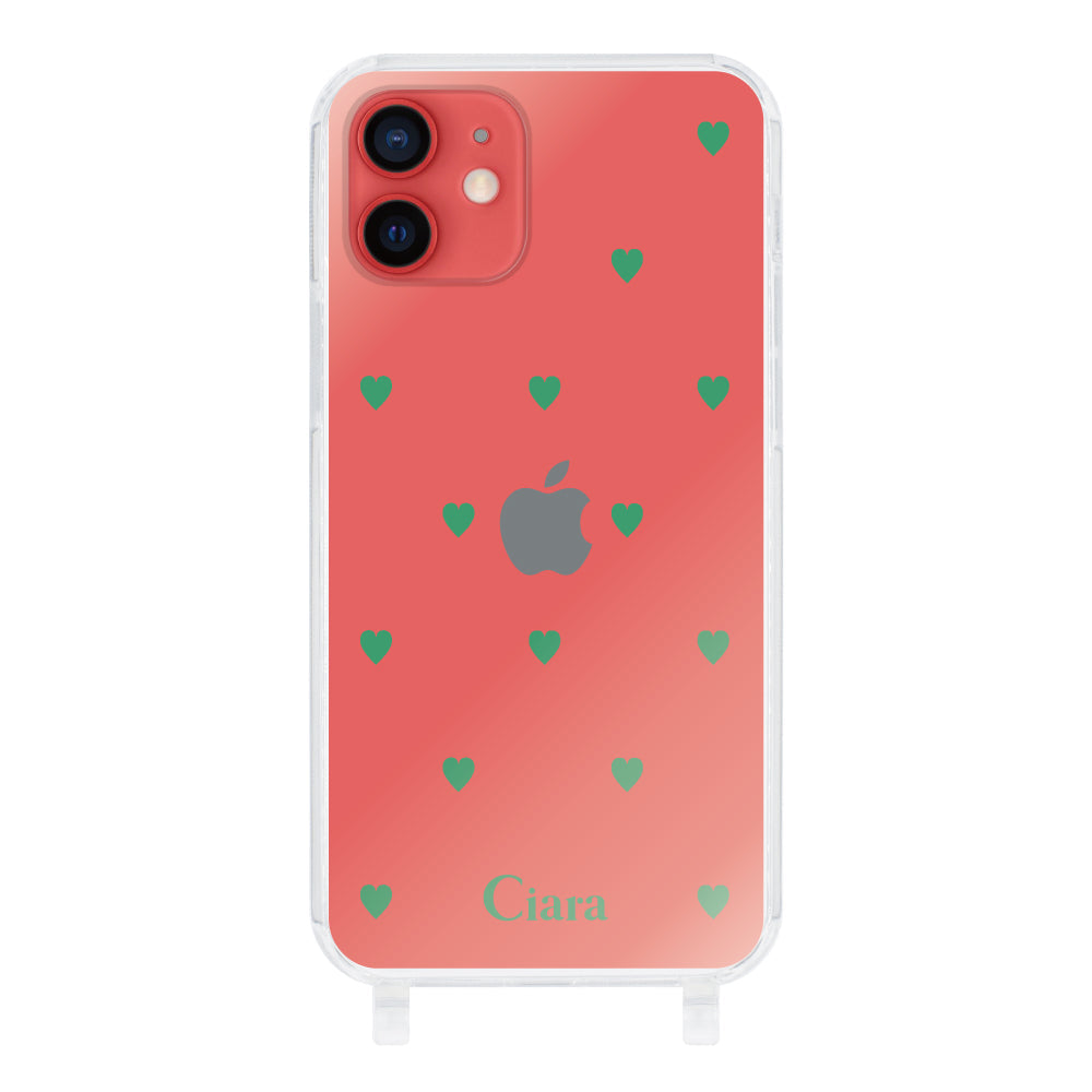 iPhone11ケース ストラップクリアケース カラーハート グリーン