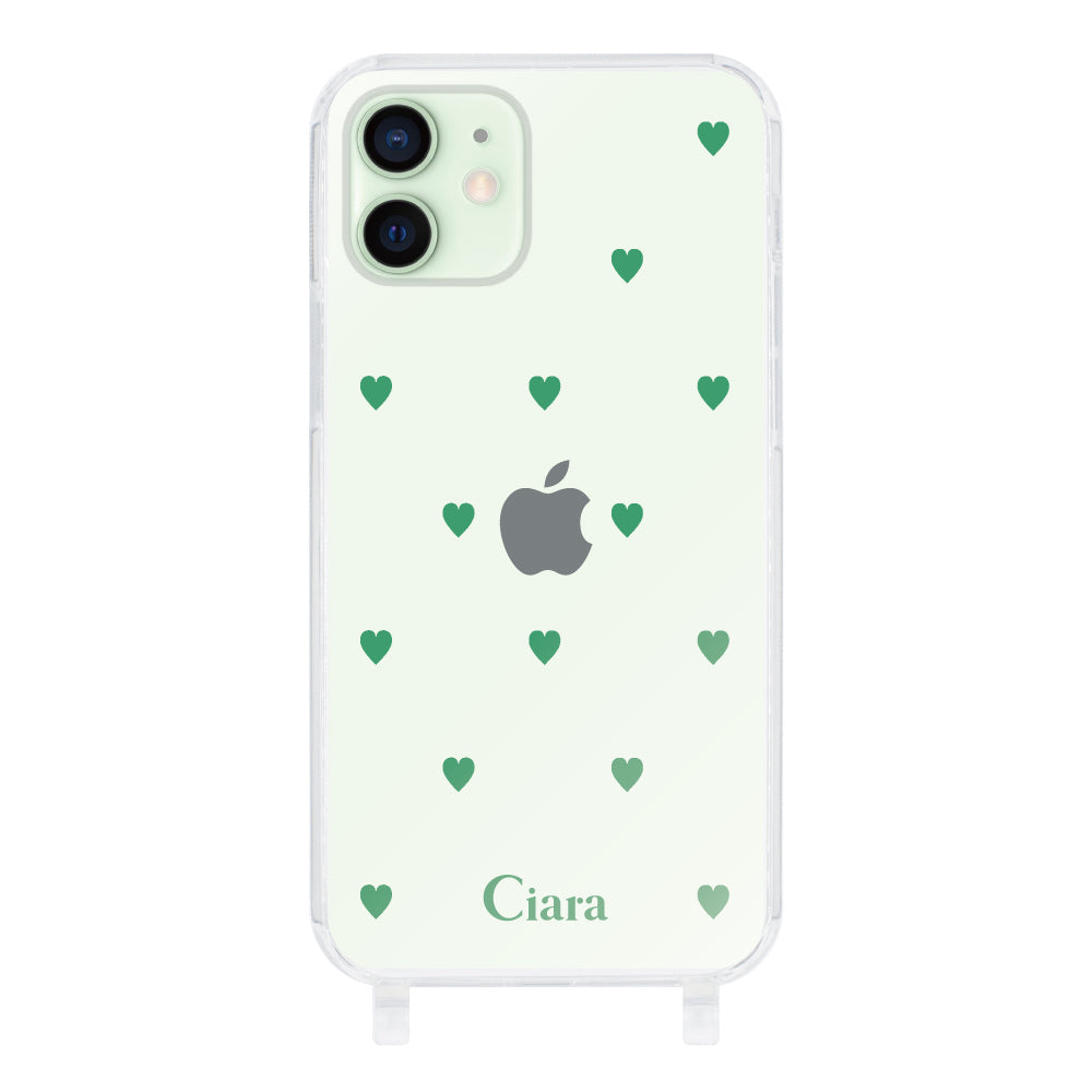 iPhone12miniケース ストラップクリアケース カラーハート グリーン