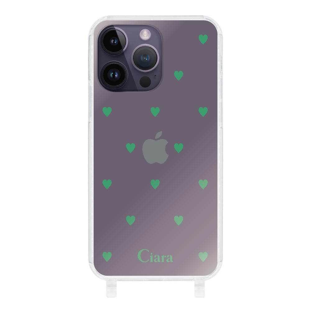 iPhone14ProMaxケース ストラップクリアケース カラーハート グリーン