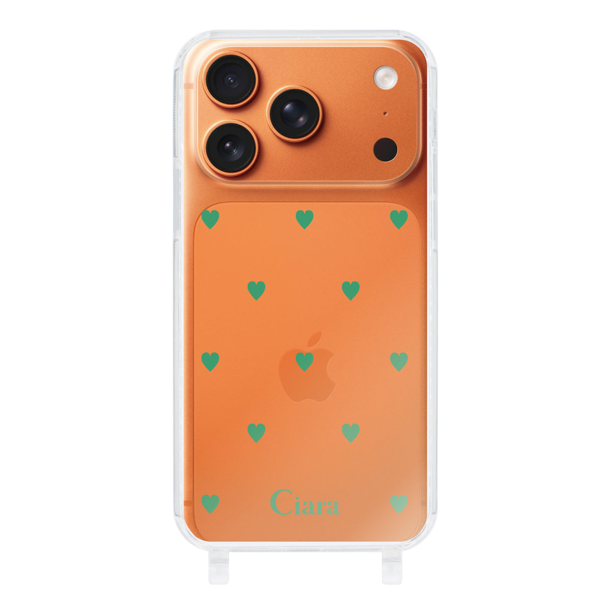 iPhone17ProMax ストラップクリアケース カラーハート グリーン