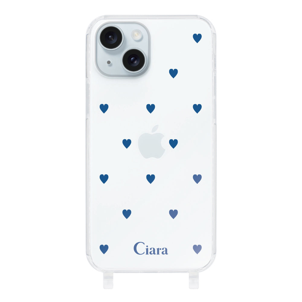 iPhone15Plusケース ストラップクリアケース カラーハート ブルー