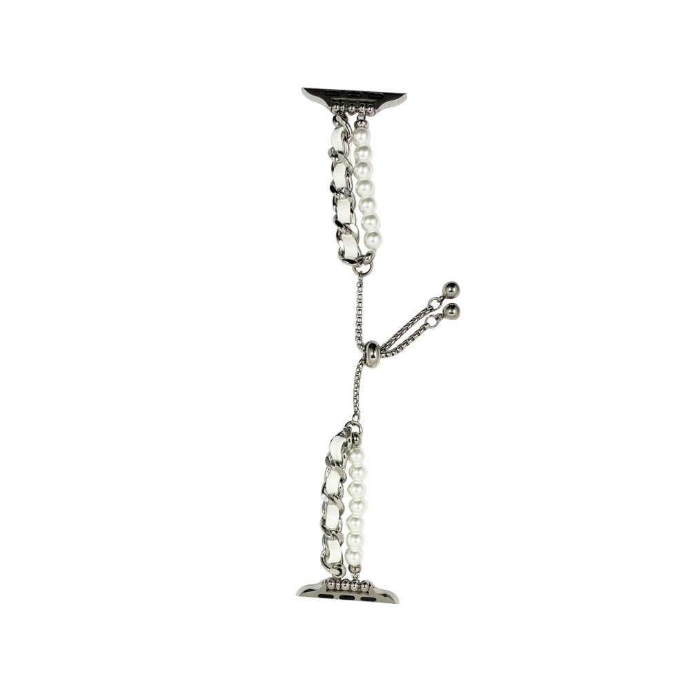 42mm/44mm/45mm/49mm パールチェーンPUレザーアップルウォッチバンド ホワイト/シルバー