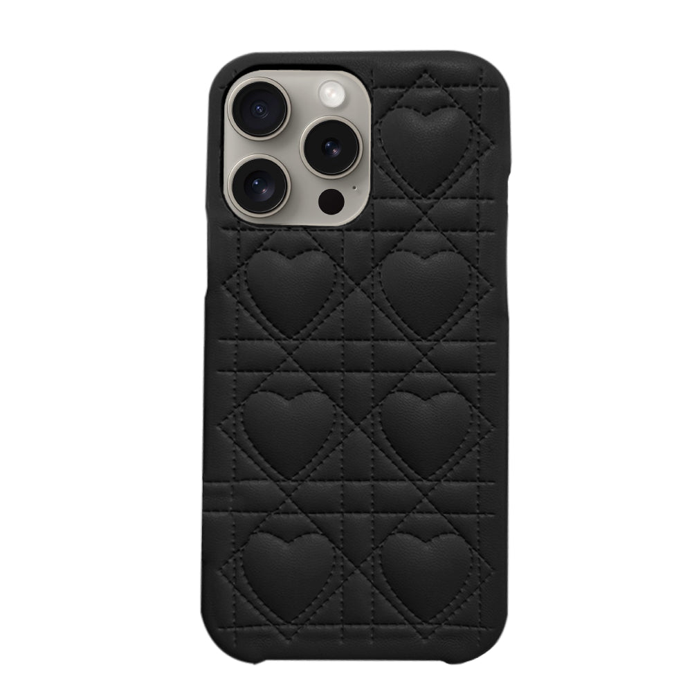 iPhone15Pro ハートキルティングPU レザーケース プティ ブラック