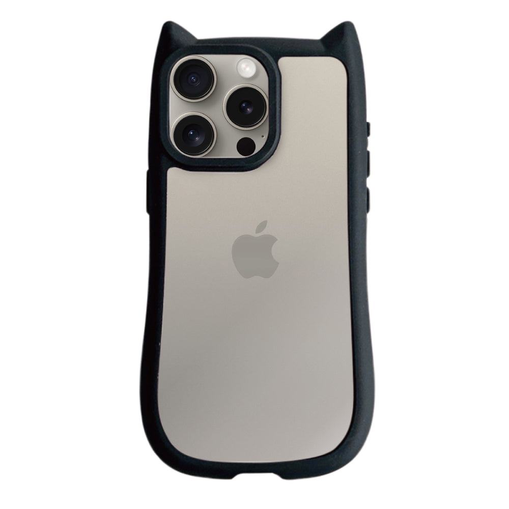 iPhone15Pro ネコミミグリップ 耐衝撃クリアケース プティ ブラック