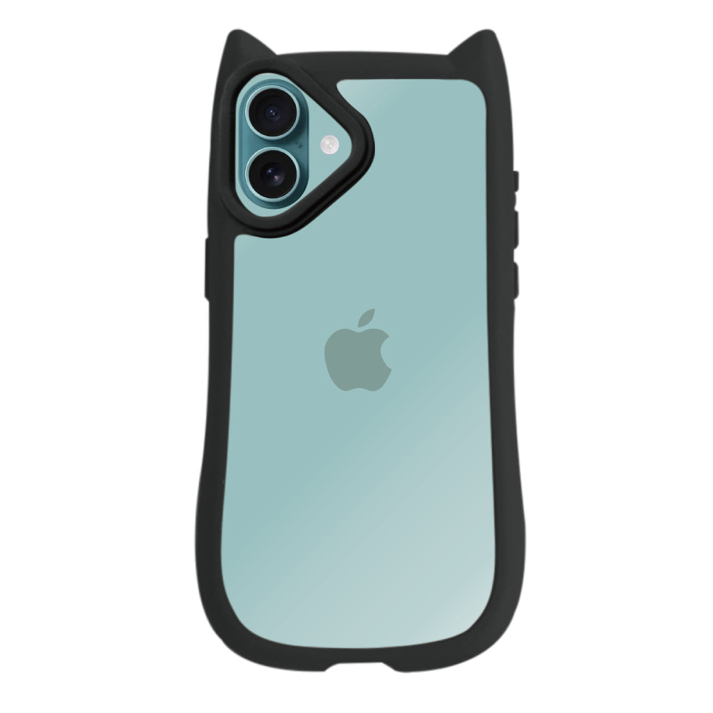 iPhone16Plus ネコミミグリップ 耐衝撃クリアケース プティ ブラック