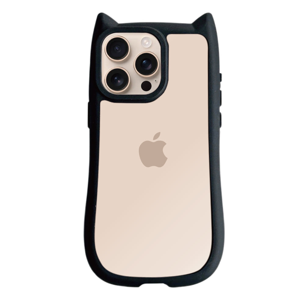 iPhone16Pro ネコミミグリップ 耐衝撃クリアケース プティ ブラック