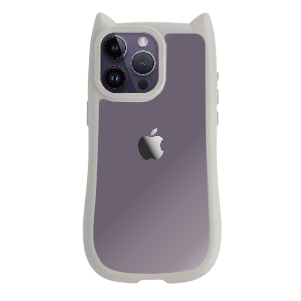 iPhone14ProMax ネコミミグリップ 耐衝撃クリアケース プティ グレー