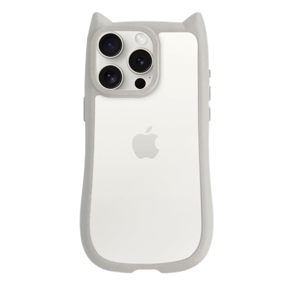 iPhone15ProMax ネコミミグリップ 耐衝撃クリアケース プティ グレー
