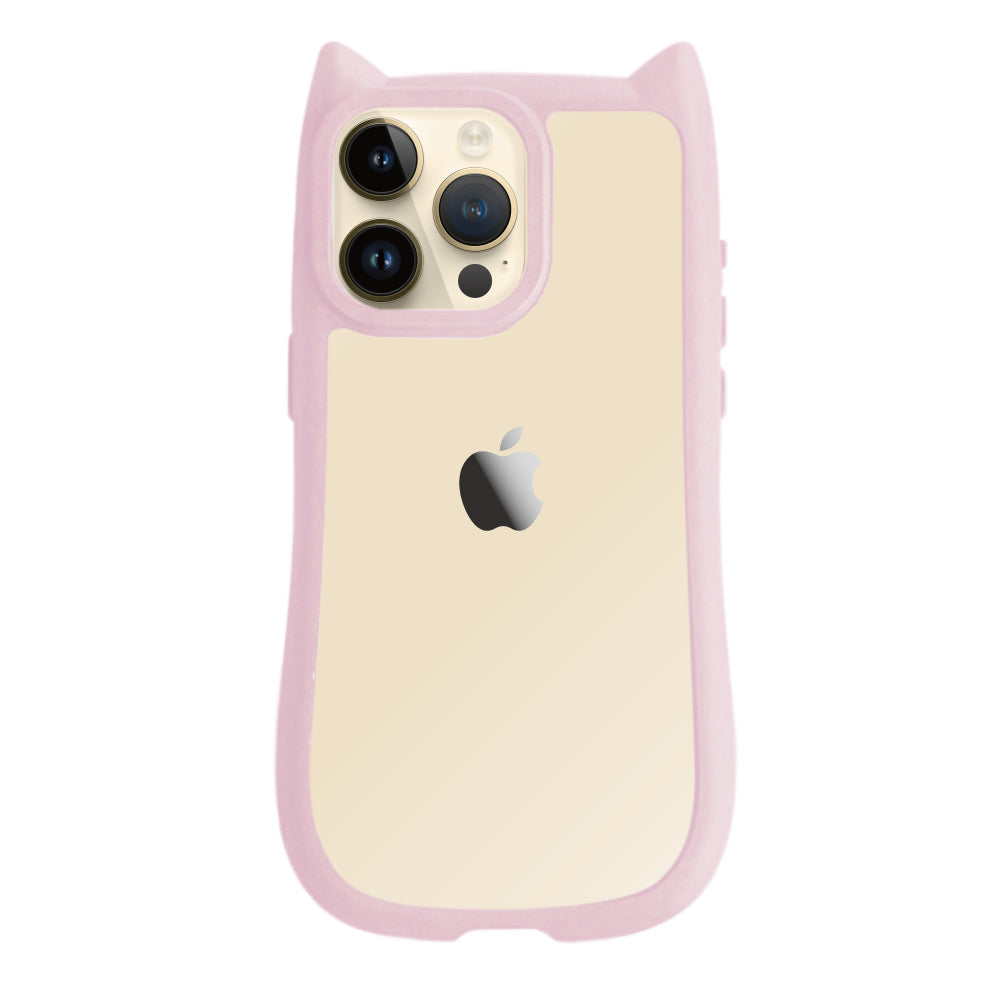 iPhone14Pro ネコミミグリップ 耐衝撃クリアケース プティ ピンク