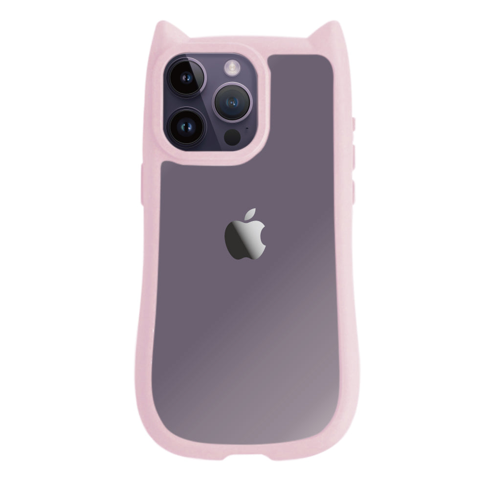iPhone14ProMax ネコミミグリップ 耐衝撃クリアケース プティ ピンク