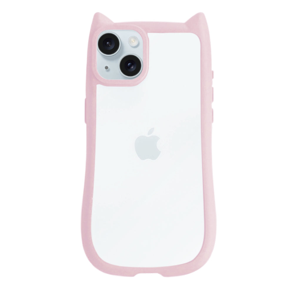 iPhone15Plus/14Plus ネコミミグリップ 耐衝撃クリアケース プティ ピンク
