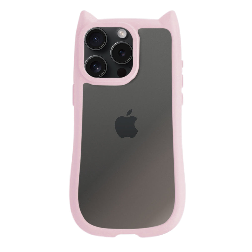 iPhone15Pro ネコミミグリップ 耐衝撃クリアケース プティ ピンク