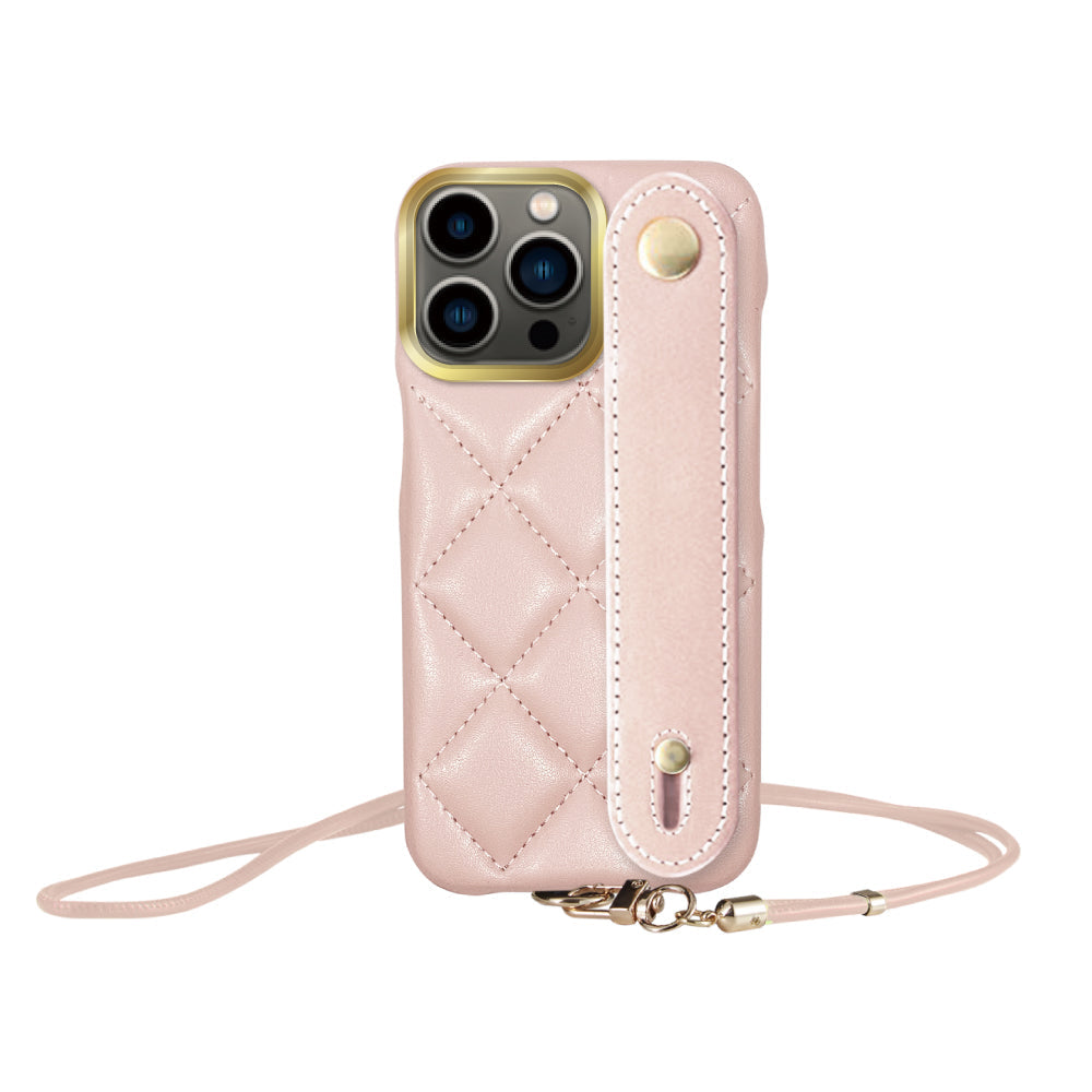 iPhone13Pro バンドキルティングPUレザーストラップ プティ ピンク