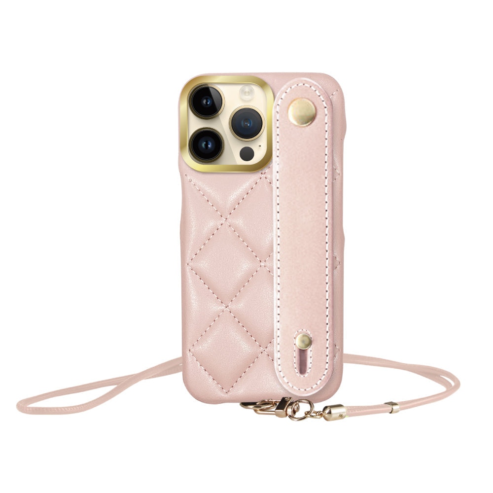 iPhone14Pro バンドキルティングPUレザーストラップ プティ ピンク