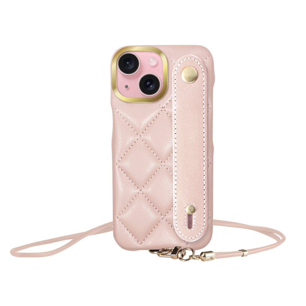 iPhone15 バンドキルティングPUレザーストラップ プティ ピンク
