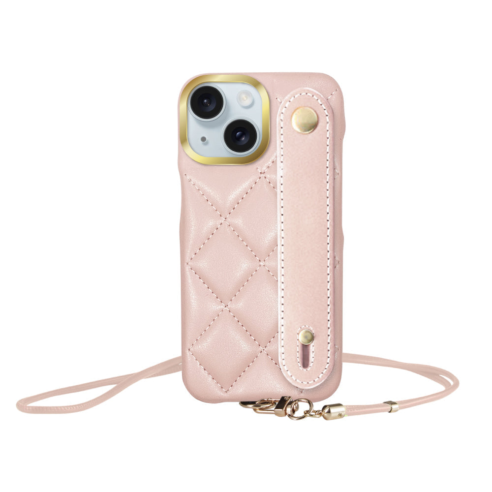 iPhone15Plus/14Plus バンドキルティングPUレザーストラップ プティ ピンク