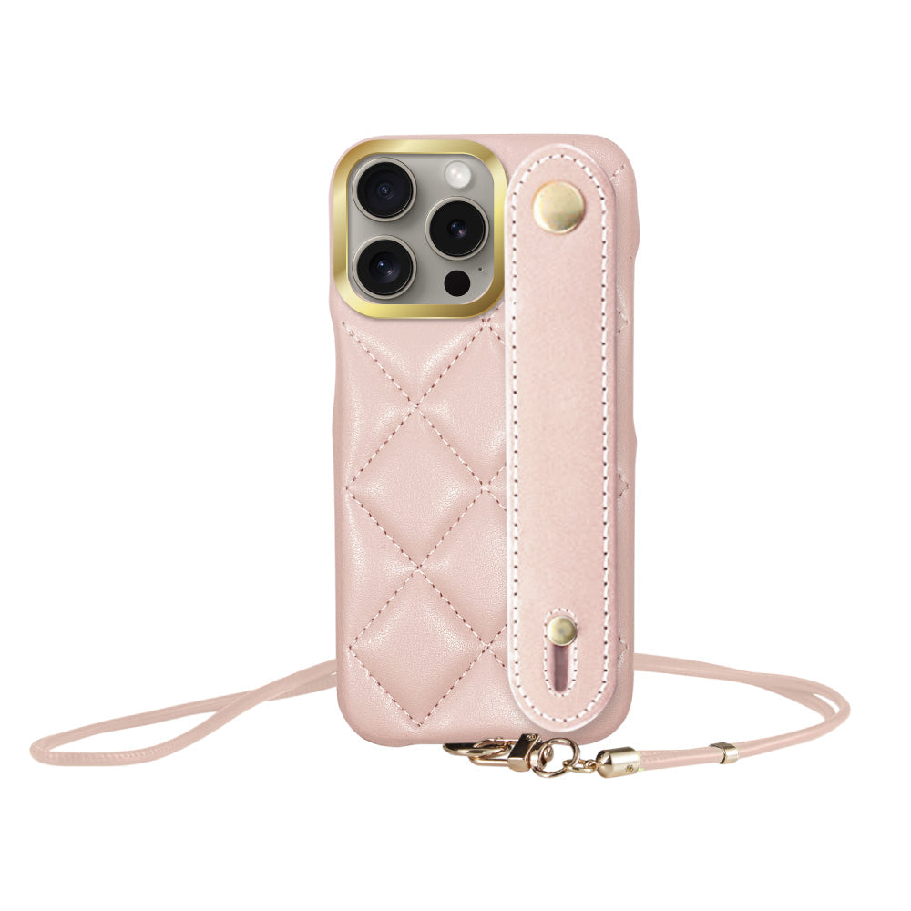 iPhone15Pro バンドキルティングPUレザーストラップ プティ ピンク