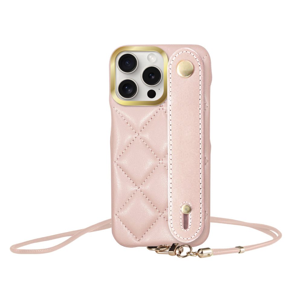 iPhone15ProMax バンドキルティングPUレザーストラップ プティ ピンク