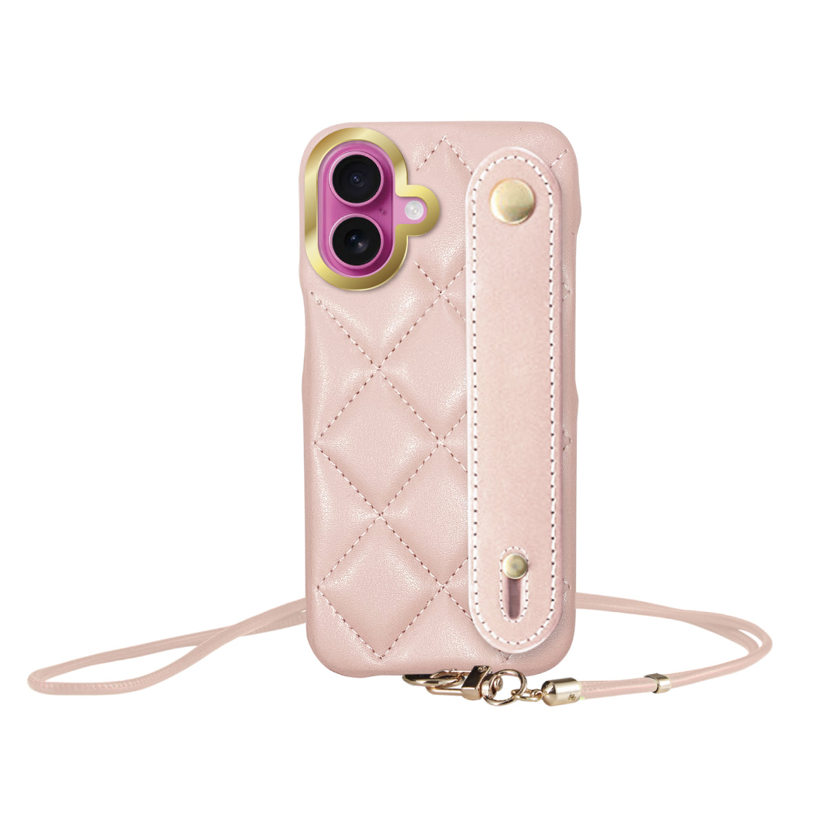 iPhone16Plus バンドキルティングPUレザーストラップ プティ ピンク