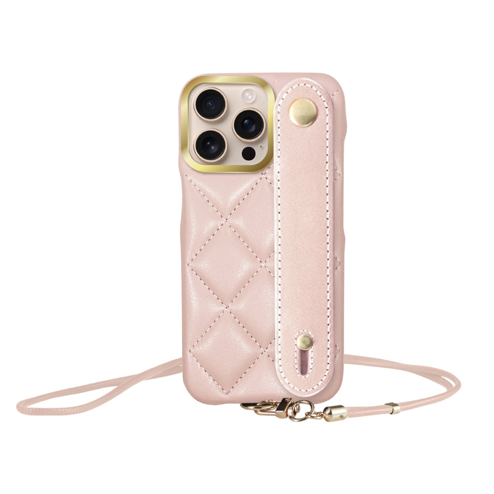 iPhone16Pro バンドキルティングPUレザーストラップ プティ ピンク