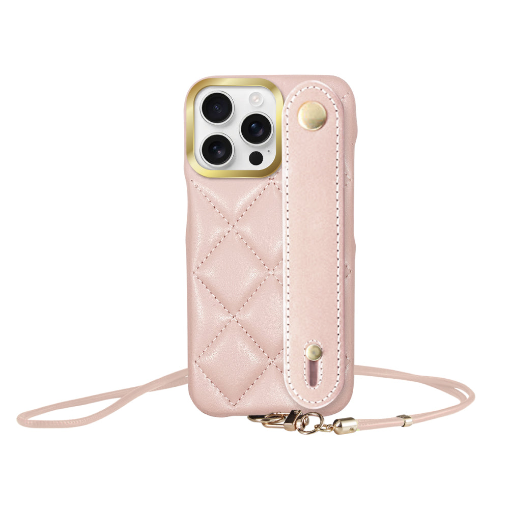 iPhone16ProMax バンドキルティングPUレザーストラップ プティ ピンク