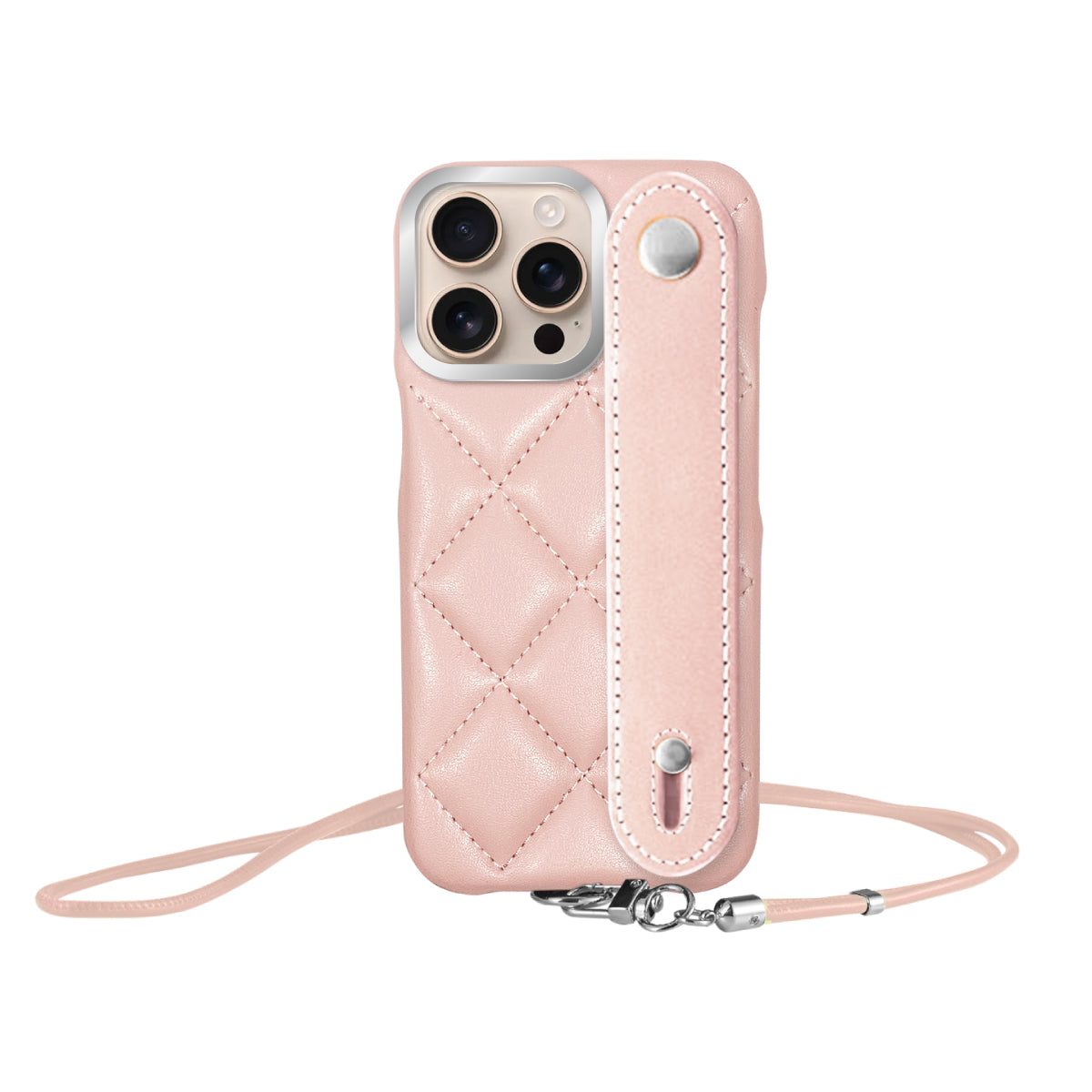 iPhone16Pro バンドキルティングPUレザーストラップ プティ ピンク/シルバー