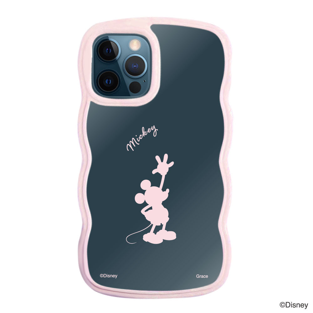 iPhone12ProMaxケース ウェーブフレーム クリアケース シルエットミッキーマウス ピンク