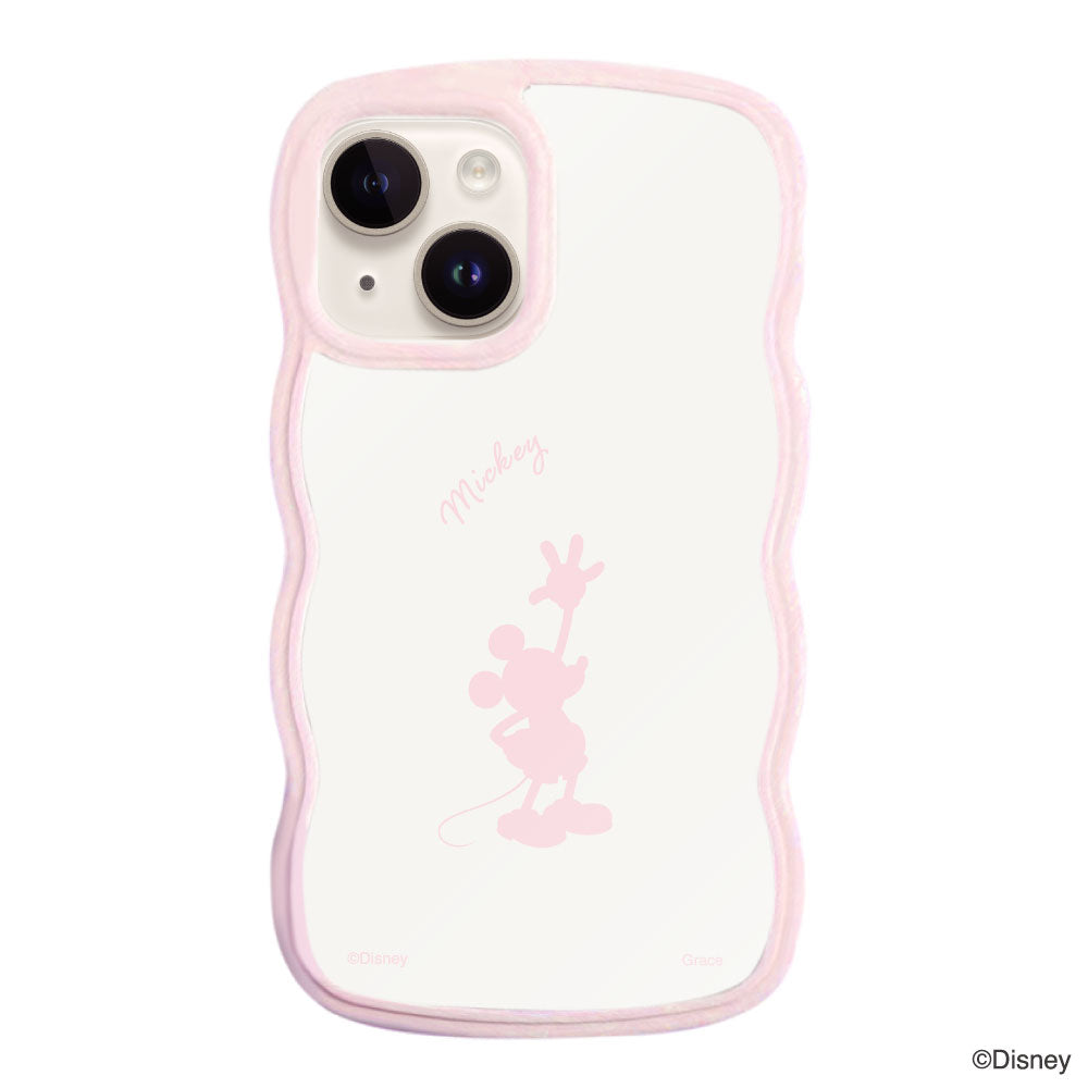 iPhone14/13ケース ウェーブフレーム クリアケース シルエットミッキーマウス ピンク
