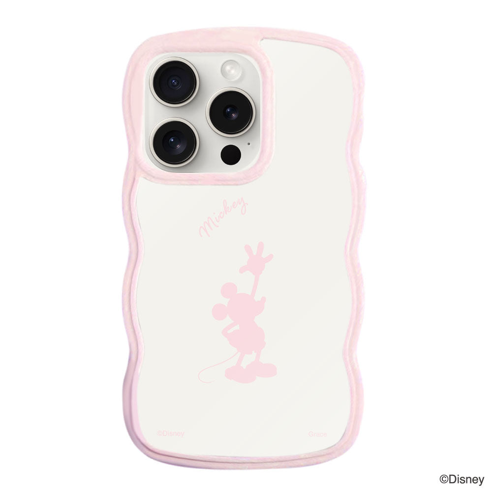 iPhone15ProMaxケース ウェーブフレーム クリアケース シルエットミッキーマウス ピンク