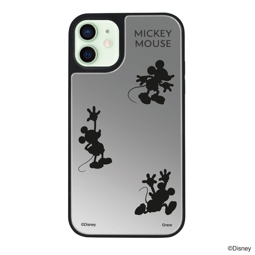 iPhone12miniケース ミラーバンパー ミラー付きケース シルエット3ミッキーマウス シルバー