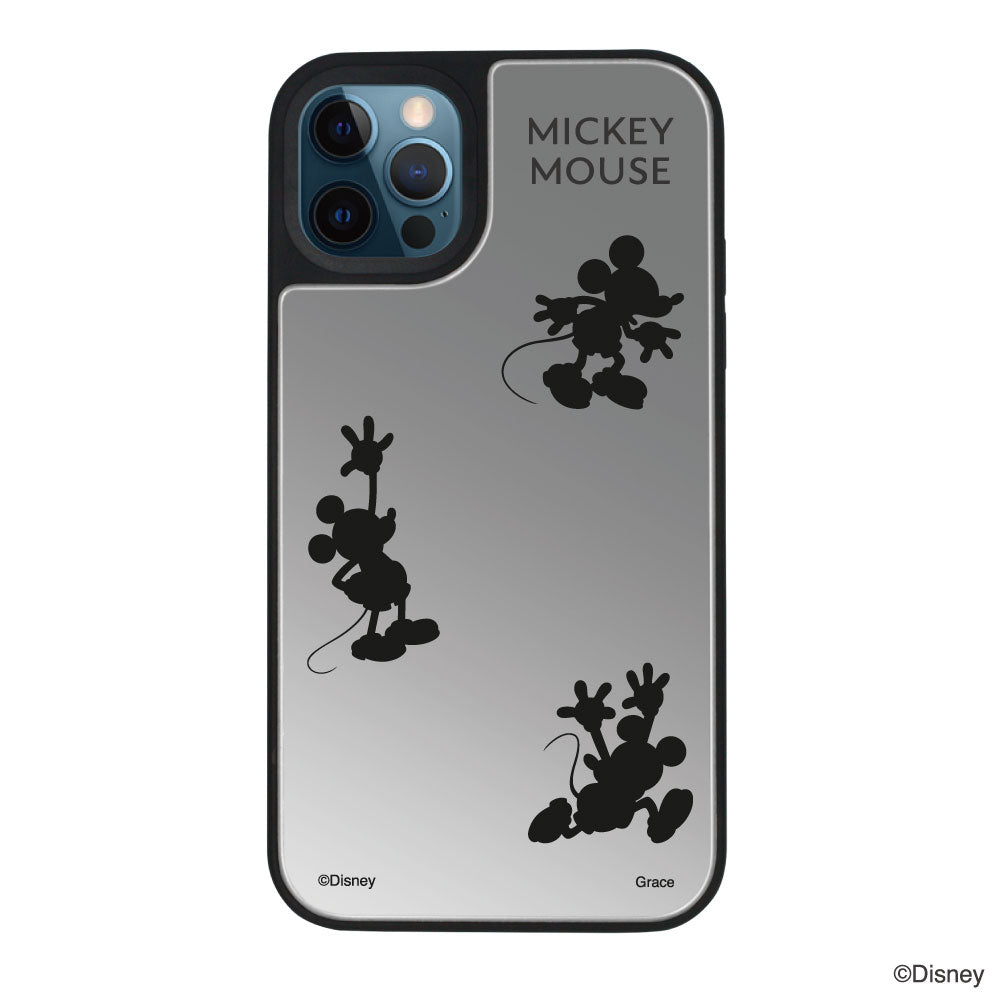 iPhone12ProMaxケース ミラーバンパー ミラー付きケース シルエット3ミッキーマウス シルバー
