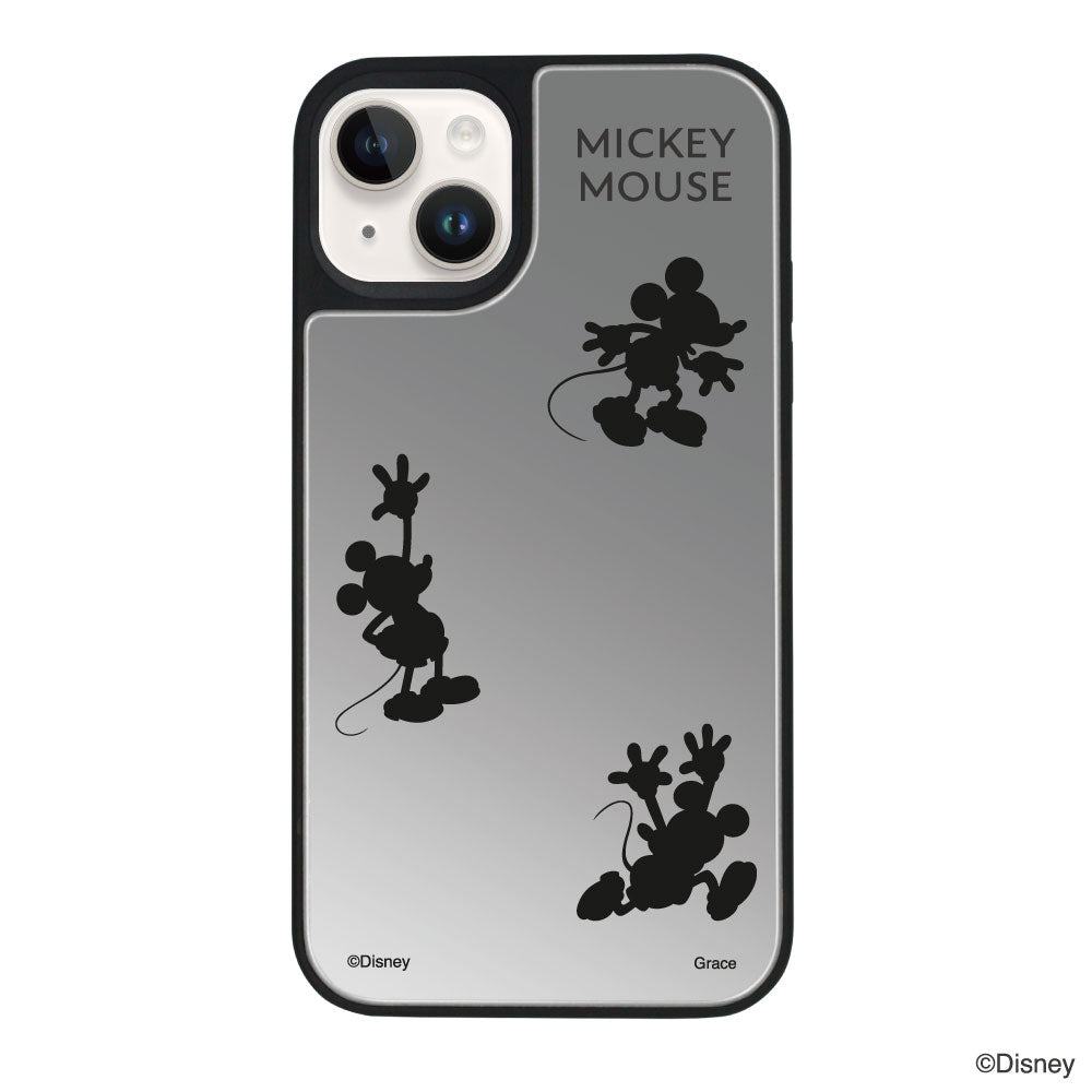 iPhone14/13ケース ミラーバンパー ミラー付きケース シルエット3ミッキーマウス シルバー