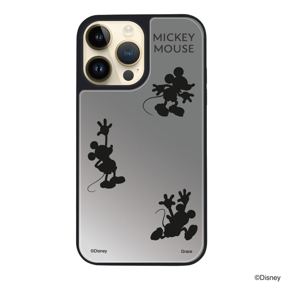 iPhone14Proケース ミラーバンパー ミラー付きケース シルエット3ミッキーマウス シルバー