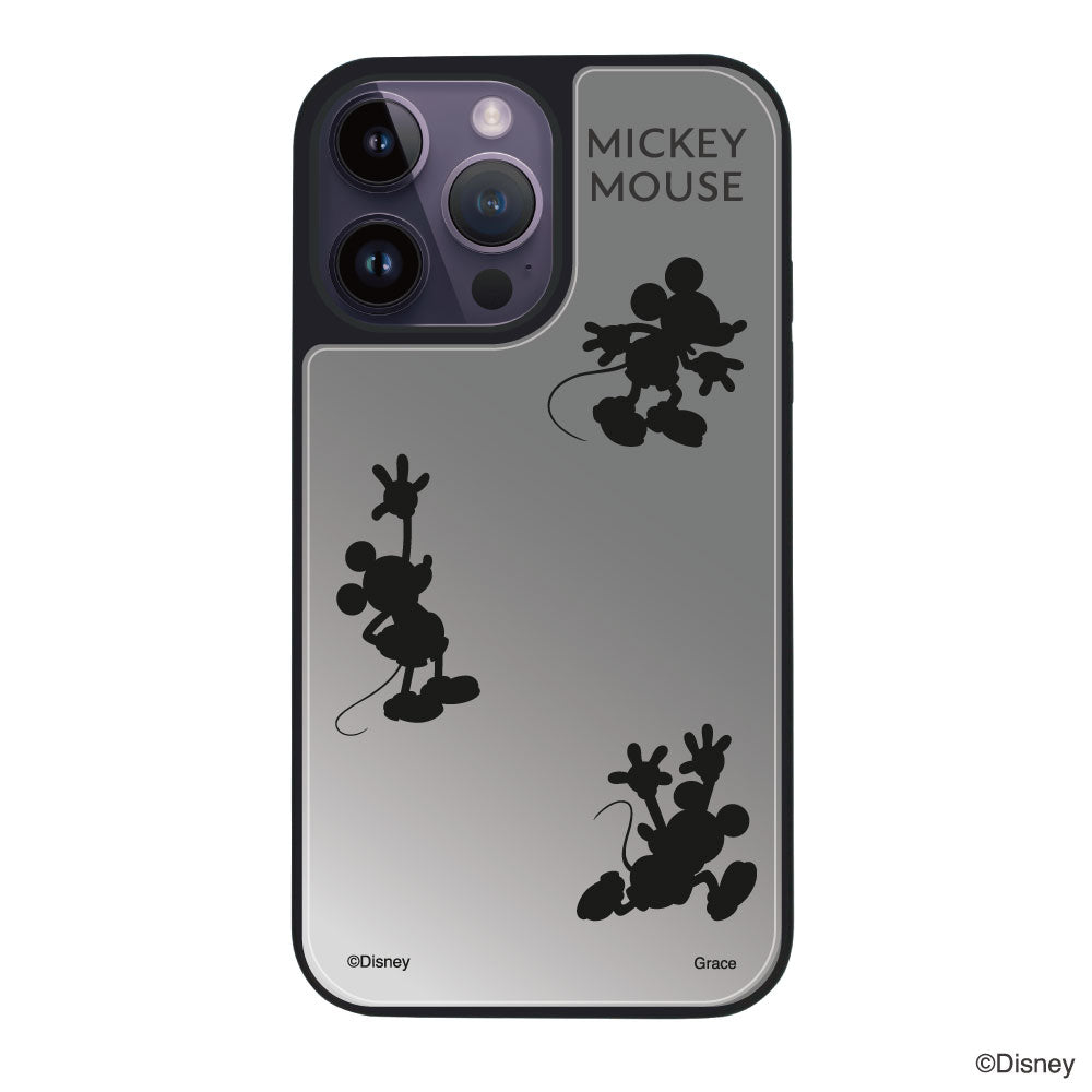 iPhone14ProMaxケース ミラーバンパー ミラー付きケース シルエット3ミッキーマウス シルバー