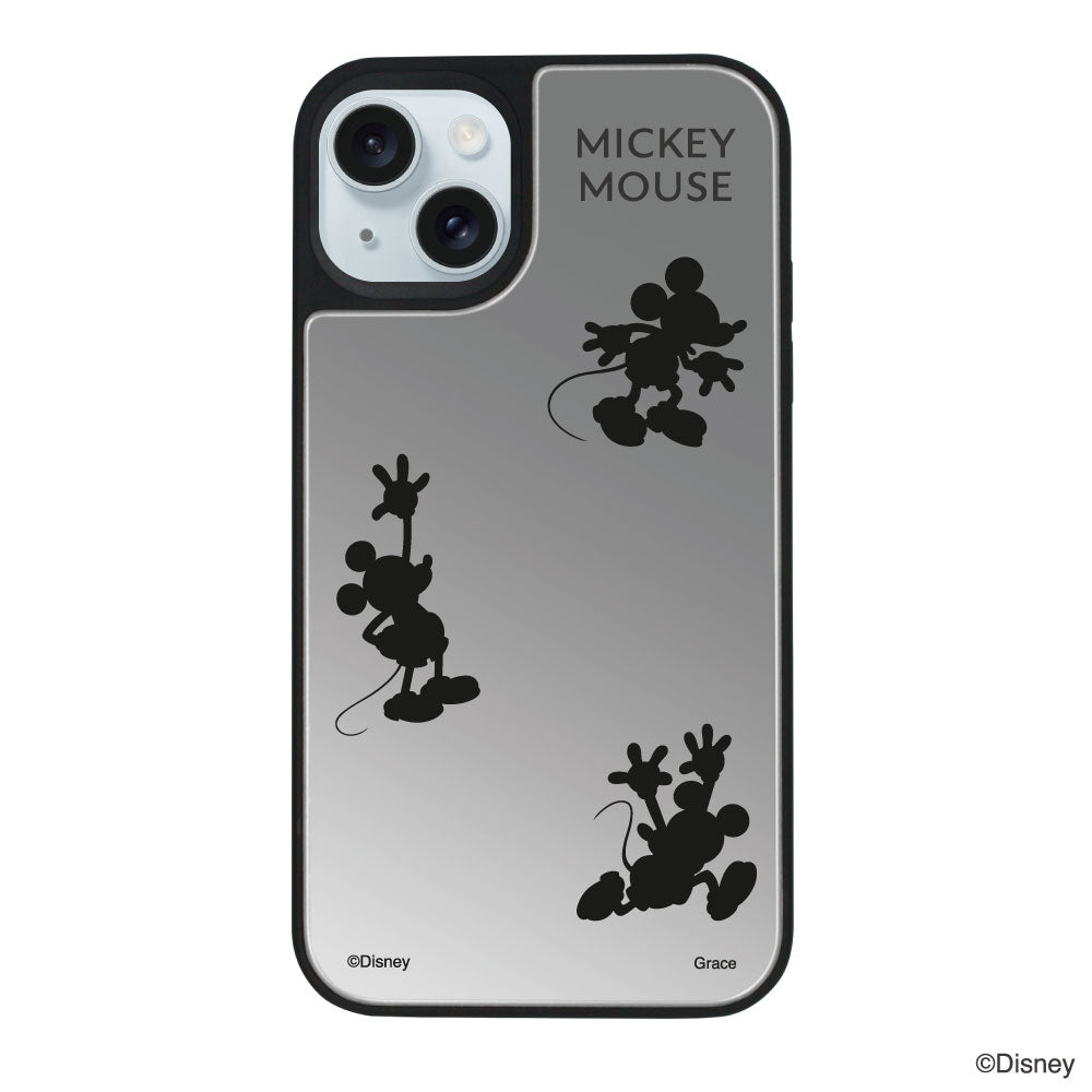 iPhone15Plus/14Plusケース ミラーバンパー ミラー付きケース シルエット3ミッキーマウス シルバー