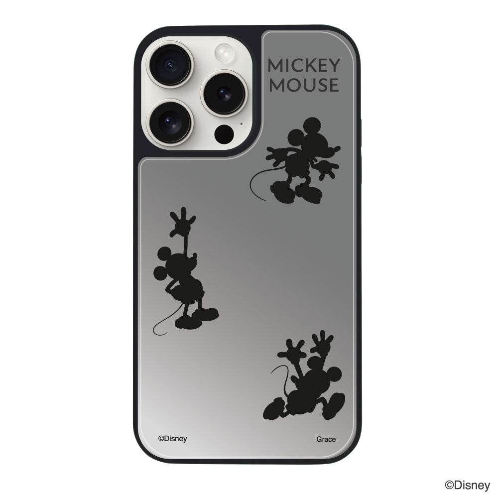 iPhone15ProMaxケース ミラーバンパー ミラー付きケース シルエット3ミッキーマウス シルバー