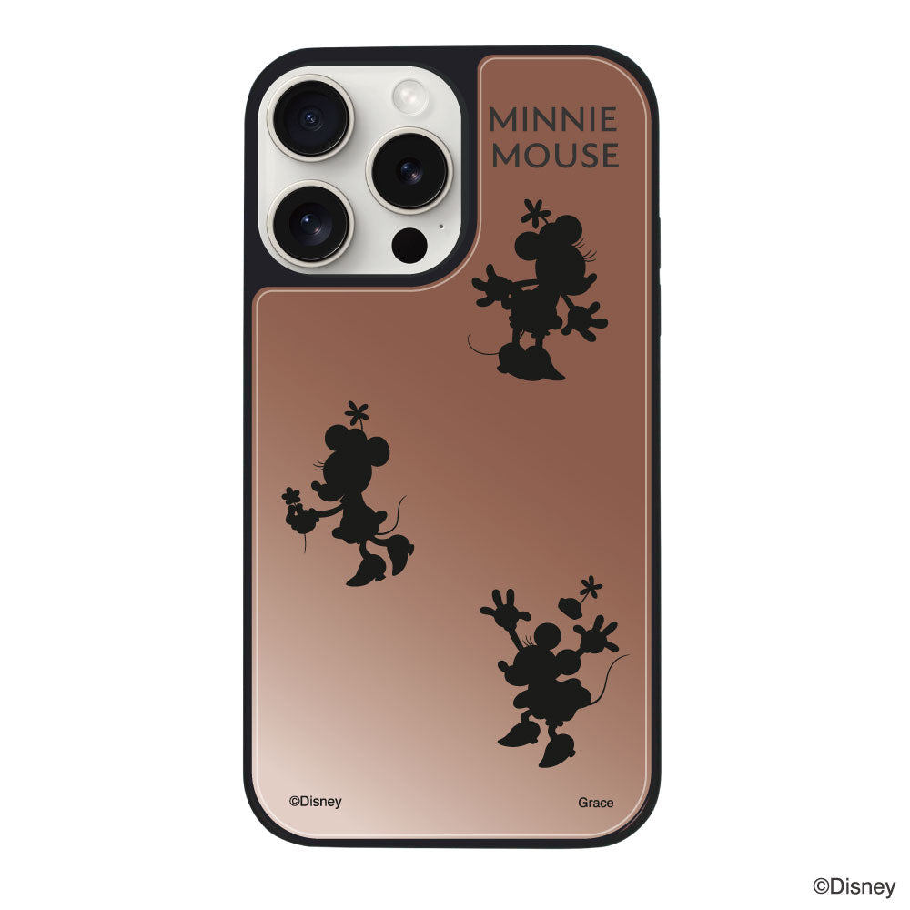 iPhone15ProMaxケース ミラーバンパー ミラー付きケース シルエット3ミニーマウス ローズゴールド