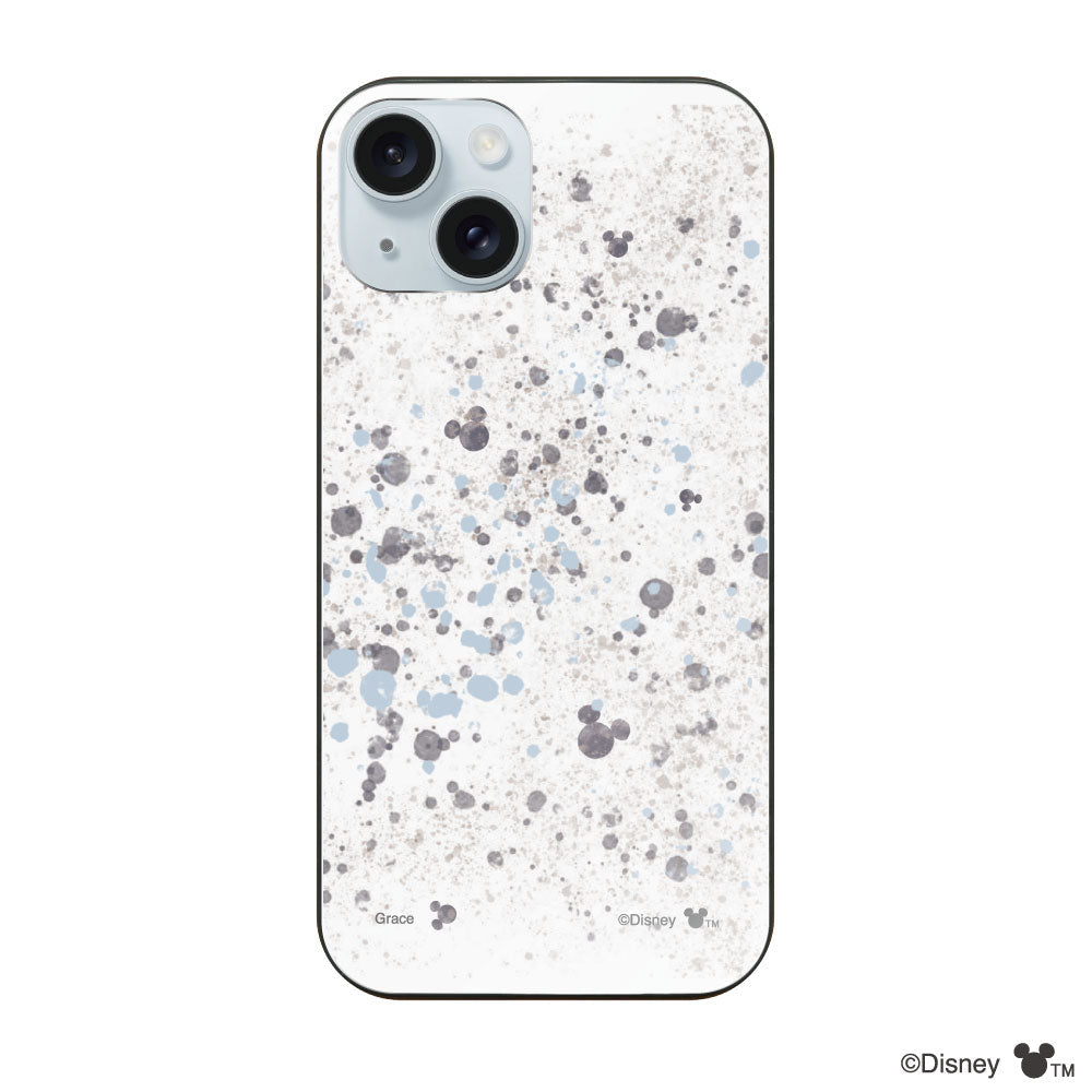 iPhone15Plus/14Plusケース ガラス 強化ガラスケース インクドット柄ミッキーマウス グレー