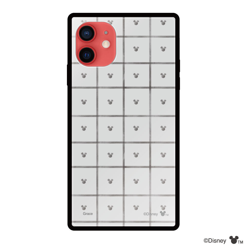 iPhone11ケース スクエア 強化ガラスケース スクエアパターンミッキーマウス グレー