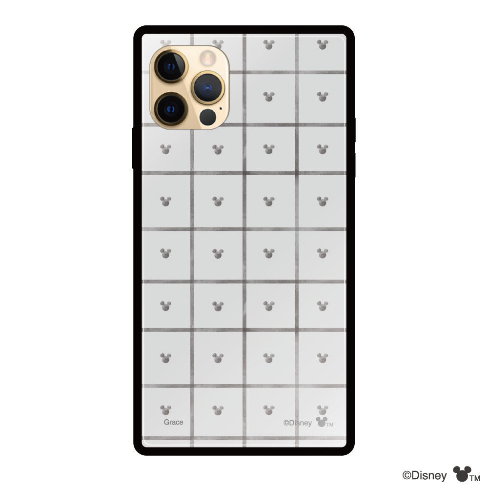 iPhone11Proケース スクエア 強化ガラスケース スクエアパターンミッキーマウス グレー